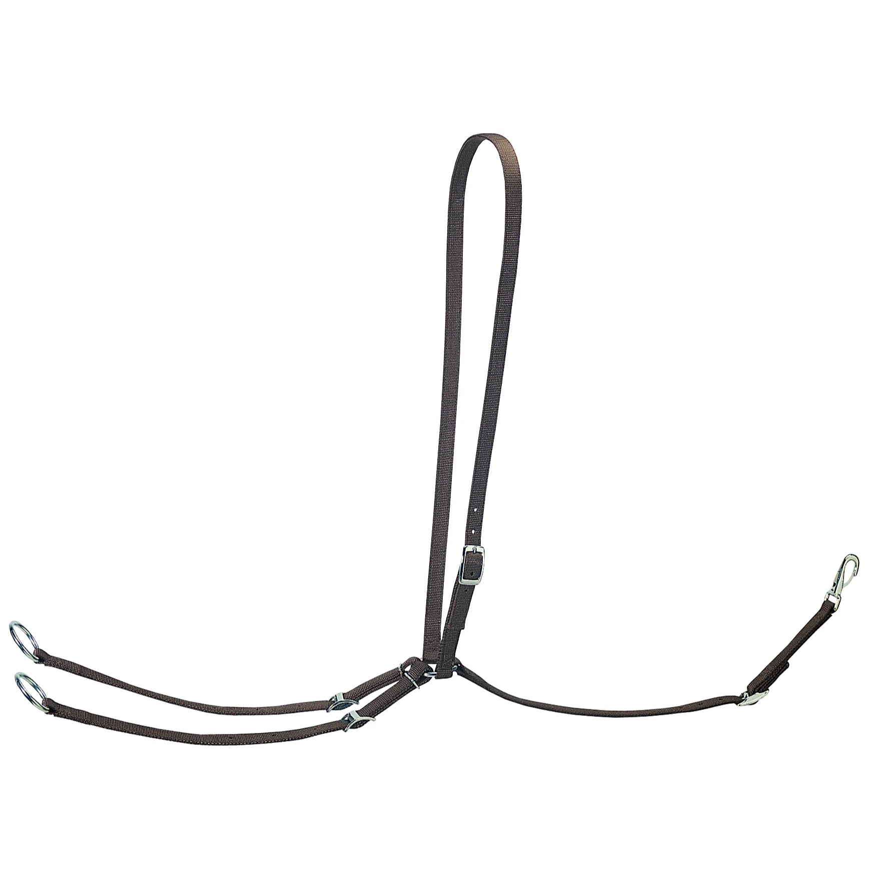 Dark brown Weaver Leather nylon running martingale for horse training, featuring a durable, adjustable neck strap with silver hardware. This essential equestrian tack includes two metal rein rings and a girth attachment strap with a swivel snap hook for easy on-and-off. A versatile and high-quality training tool designed for durability and control.