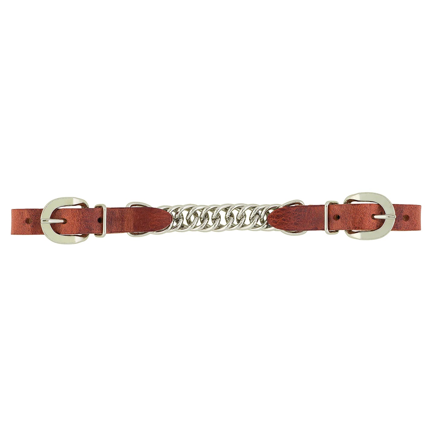 Weaver Leather Russet Harness Curb Strap featuring a durable double link silver chain and high-quality russet harness leather. This essential horse tack accessory includes adjustable silver buckles on both ends for a secure, custom fit. Perfect for western riding and horse training, this reliable curb strap combines style and functionality for every equestrian.