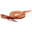 Weaver Leather Russet Split Reins, premium western horse tack crafted from durable russet harness leather. Features burgundy latigo leather tie ends for a secure bit attachment and tapered tail ends for a balanced feel. These high-quality split reins offer a professional-grade grip and long-lasting durability, perfect for training, trail riding, or arena work. Essential equestrian gear for riders seeking both style and performance.