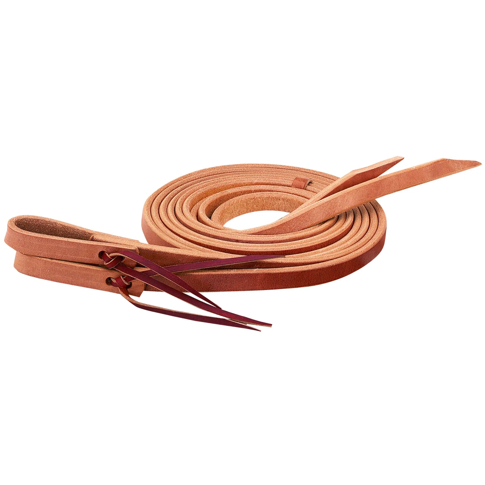 Weaver Leather Russet Split Reins, premium western horse tack crafted from durable russet harness leather. Features burgundy latigo leather tie ends for a secure bit attachment and tapered tail ends for a balanced feel. These high-quality split reins offer a professional-grade grip and long-lasting durability, perfect for training, trail riding, or arena work. Essential equestrian gear for riders seeking both style and performance.