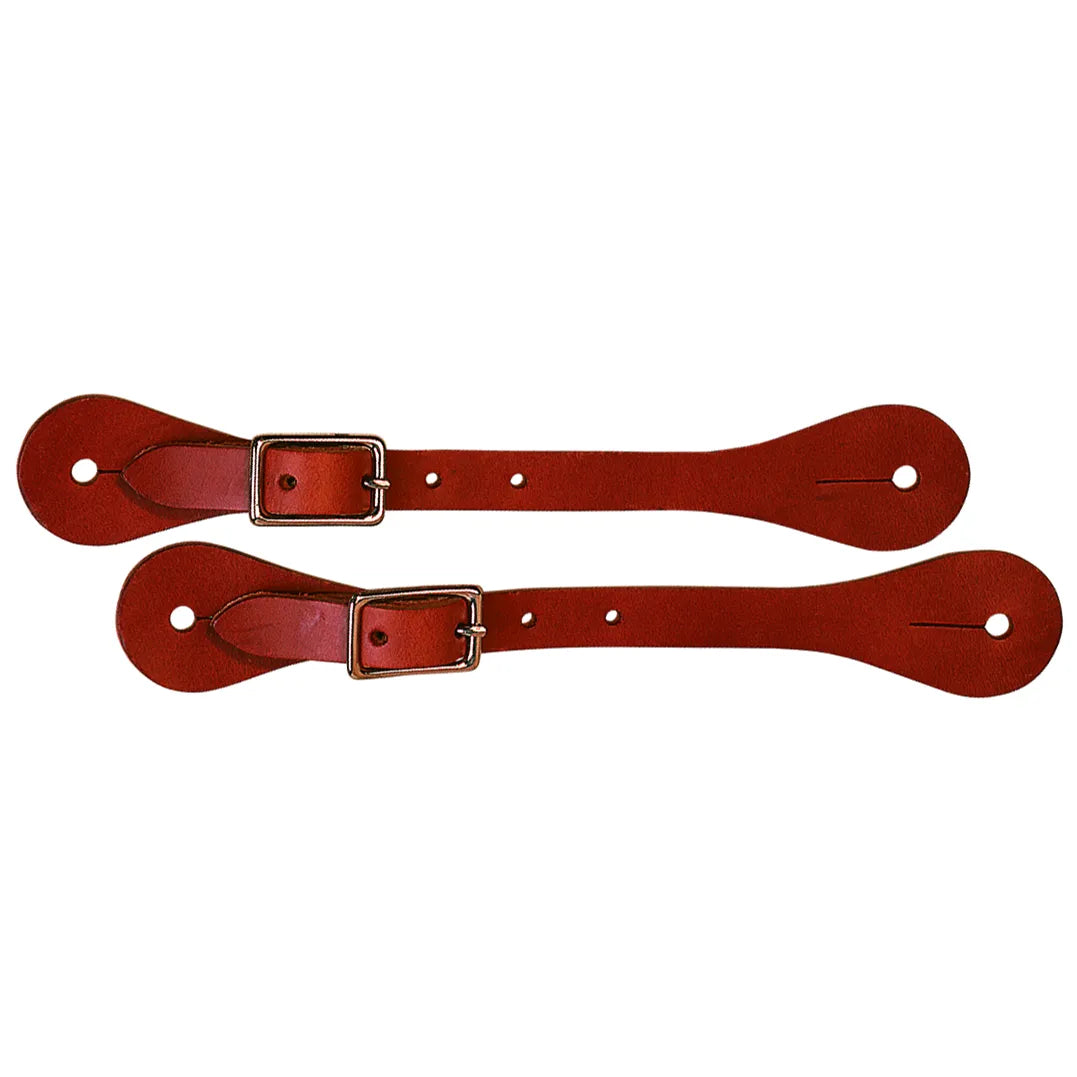 Pair of Weaver Leather Russet Spur Straps in youth and ladies sizes. These high-quality reddish-brown leather straps feature polished stainless steel buckles for easy adjustment. Designed with a traditional western silhouette, they include pre-cut button holes on the teardrop-shaped ends for secure attachment to spurs. A classic and durable accessory for equestrian enthusiasts and western riding.