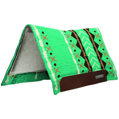 Bright neon green Weaver Leather Synergy Western saddle pad featuring a vibrant Southwestern pattern with brown, tan, and white geometric accents. This high-performance horse saddle pad includes a thick grey felt liner for impact protection and durable dark brown leather wear leathers. Ideal for barrel racing or trail riding, this stylish wool blend pad adds a bold pop of color to your equestrian tack collection.