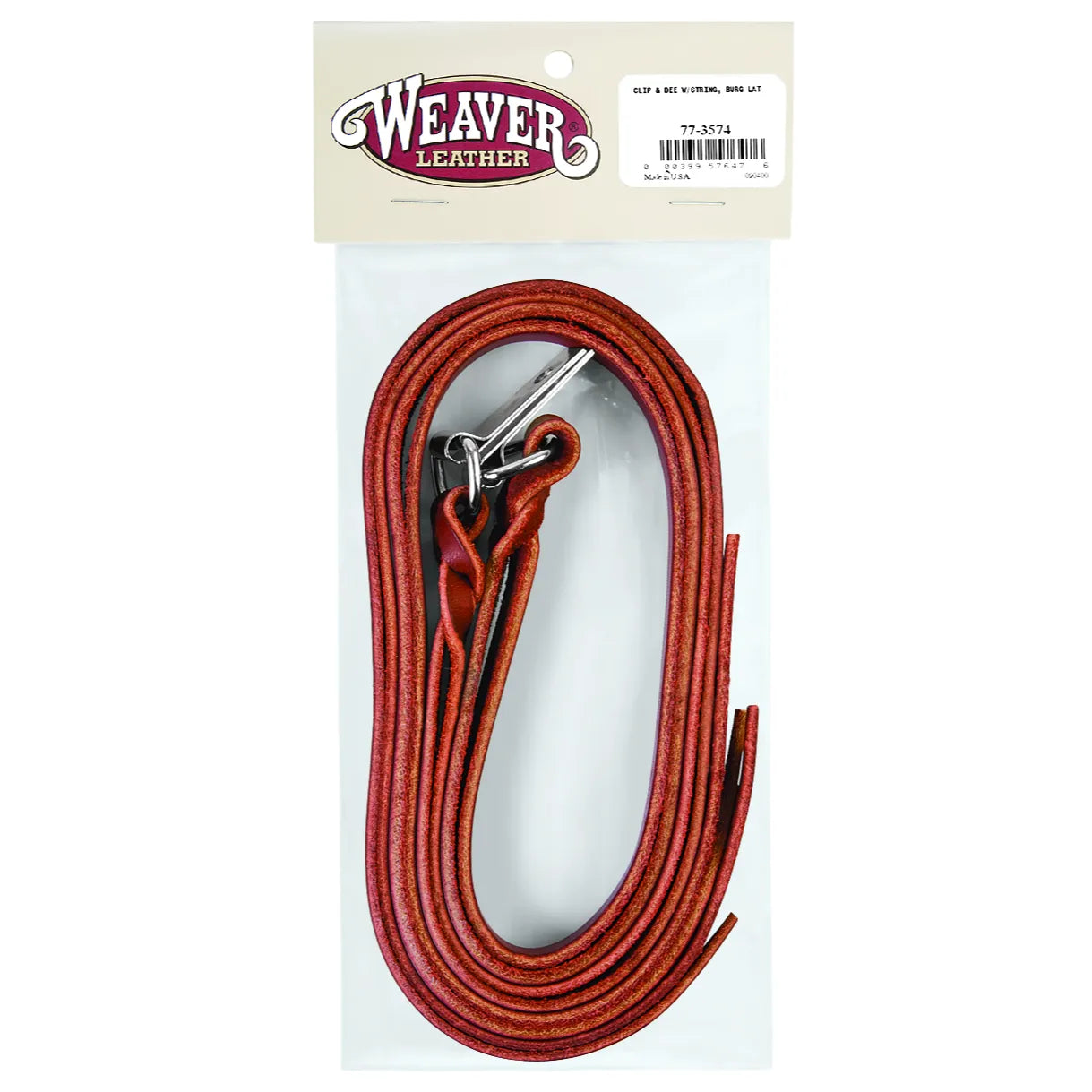 Weaver Leather saddle strings crafted from premium burgundy latigo leather, conveniently packaged with a metal clip and D-ring. Ideal for Western saddle repair or customization, these durable and reliable equestrian accessories provide a professional touch to your horse tack. High-quality, Made in USA leather strings perfect for riders who value long-lasting performance and classic style on the trail or in the arena.