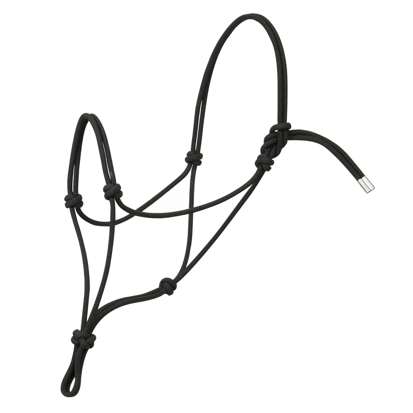 Weaver Leather Silvertip #95 Rope Halter in black. This professional, hand-tied horse halter features a one-piece design with strategically placed knots for precise control and training. Durable rope construction includes a finished silver metal tip on the tie end and a bottom loop for lead rope attachment. High-quality equestrian tack ideal for groundwork and everyday horse handling.