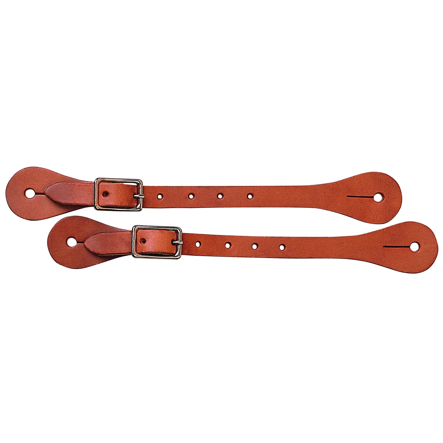 Weaver Leather Single-Ply Spur Straps crafted from durable reddish-brown leather. These western riding accessories feature adjustable silver-tone buckles and pre-punched holes for a custom fit on equestrian boots. A reliable pair of classic spur straps designed for daily ranch work, trail riding, or competition, showcasing a clean, single-ply design with tear-drop ends for easy attachment. Ideal high-quality gear for horse enthusiasts and western riders.