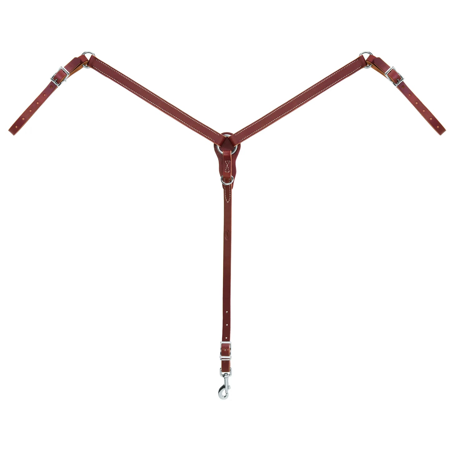 Weaver Leather Slim Ring-in-Center Pony Breast Collar in rich chestnut leather with contrasting white stitching. This Western horse tack features a slim Y-shape, adjustable tug straps with stainless steel buckles, and a snap-hook tie-down strap. Specifically designed for ponies, it ensures a secure, comfortable fit for trail riding or competition. A durable and stylish addition to any pony's tack set.