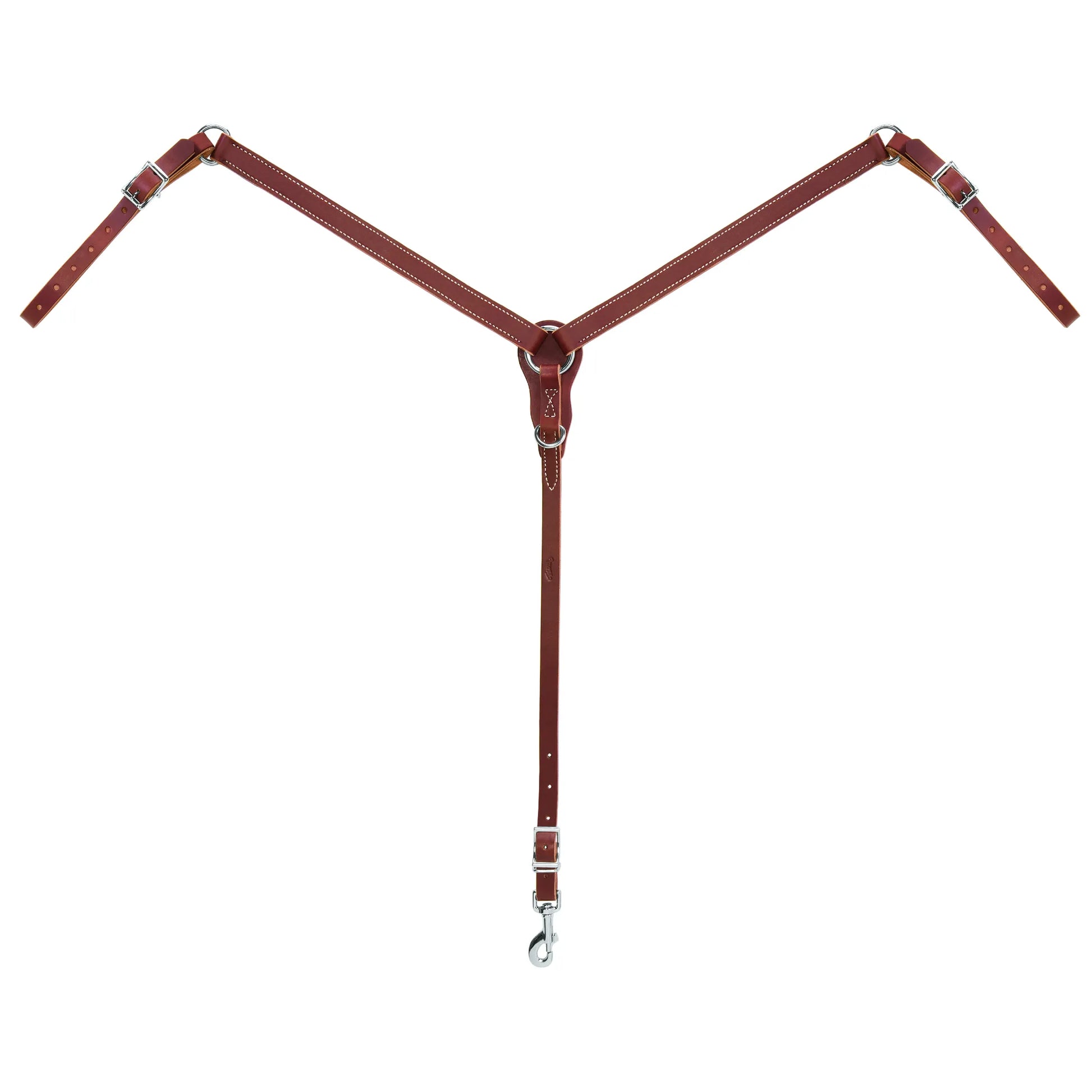 Weaver Leather Slim Ring-in-Center Pony Breast Collar in rich chestnut leather with contrasting white stitching. This Western horse tack features a slim Y-shape, adjustable tug straps with stainless steel buckles, and a snap-hook tie-down strap. Specifically designed for ponies, it ensures a secure, comfortable fit for trail riding or competition. A durable and stylish addition to any pony's tack set.
