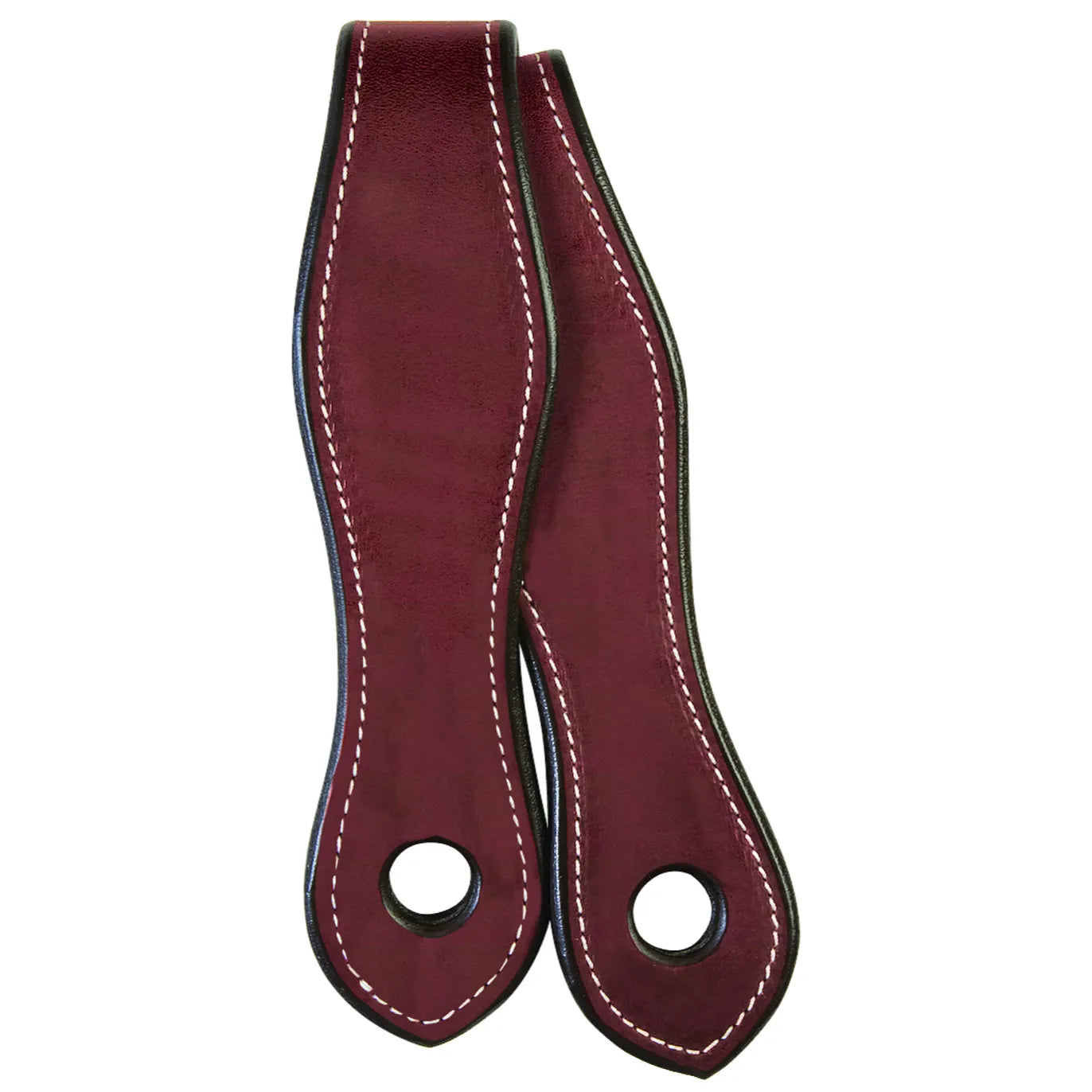 Weaver Leather Slobber Straps crafted from rich Chestnut English Bridle Leather. This pair of equestrian accessories features classic white contrast stitching and smooth, hand-finished black edges. Designed with a traditional tapered teardrop shape and single pre-punched holes for secure attachment to horse bits and reins. These durable Western riding tack essentials offer a professional, high-quality look for any bridle or headstall setup.