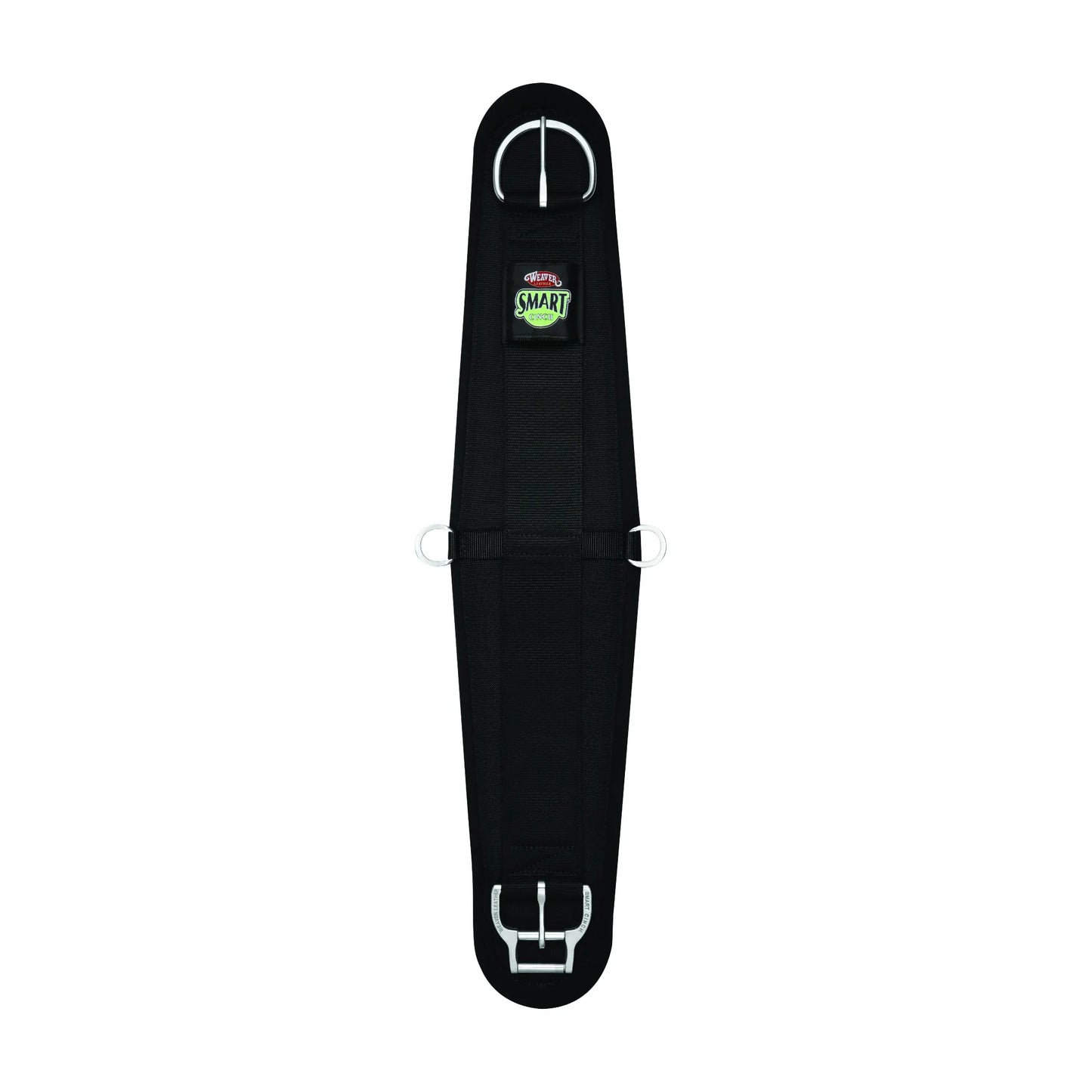 Weaver Leather Smart Cinch in black, featuring a straight design with thick padding for horse comfort. This high-quality western cinch includes patented stainless steel roller buckles for easy, secure tightening and center D-rings for breast collar attachment. A must-have equestrian accessory for trail riders seeking durability and saddle stability. Perfect for western riding gear and tack collections.