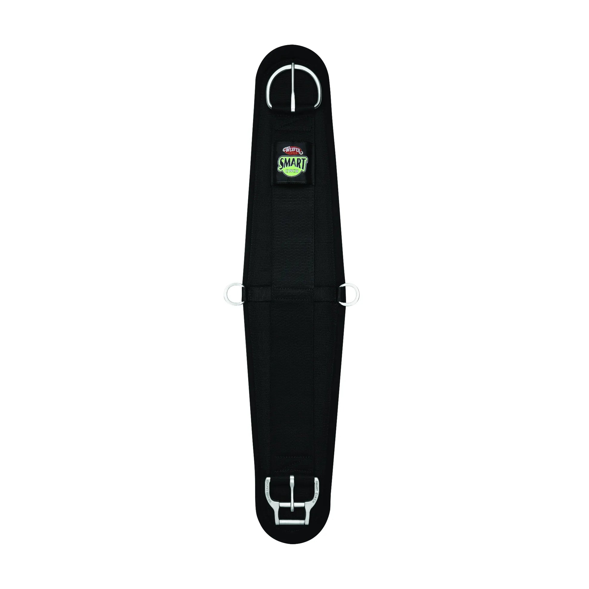 Black Weaver Leather Smart Cinch for western saddles, featuring the innovative Roll Snug Cinch Buckle for effortless tightening and extra leverage. This durable black nylon trail riding cinch includes center D-rings for attachments and is designed for maximum equine comfort and security. High-quality horse tack essential for secure, worry-free trail rides and everyday equestrian use.