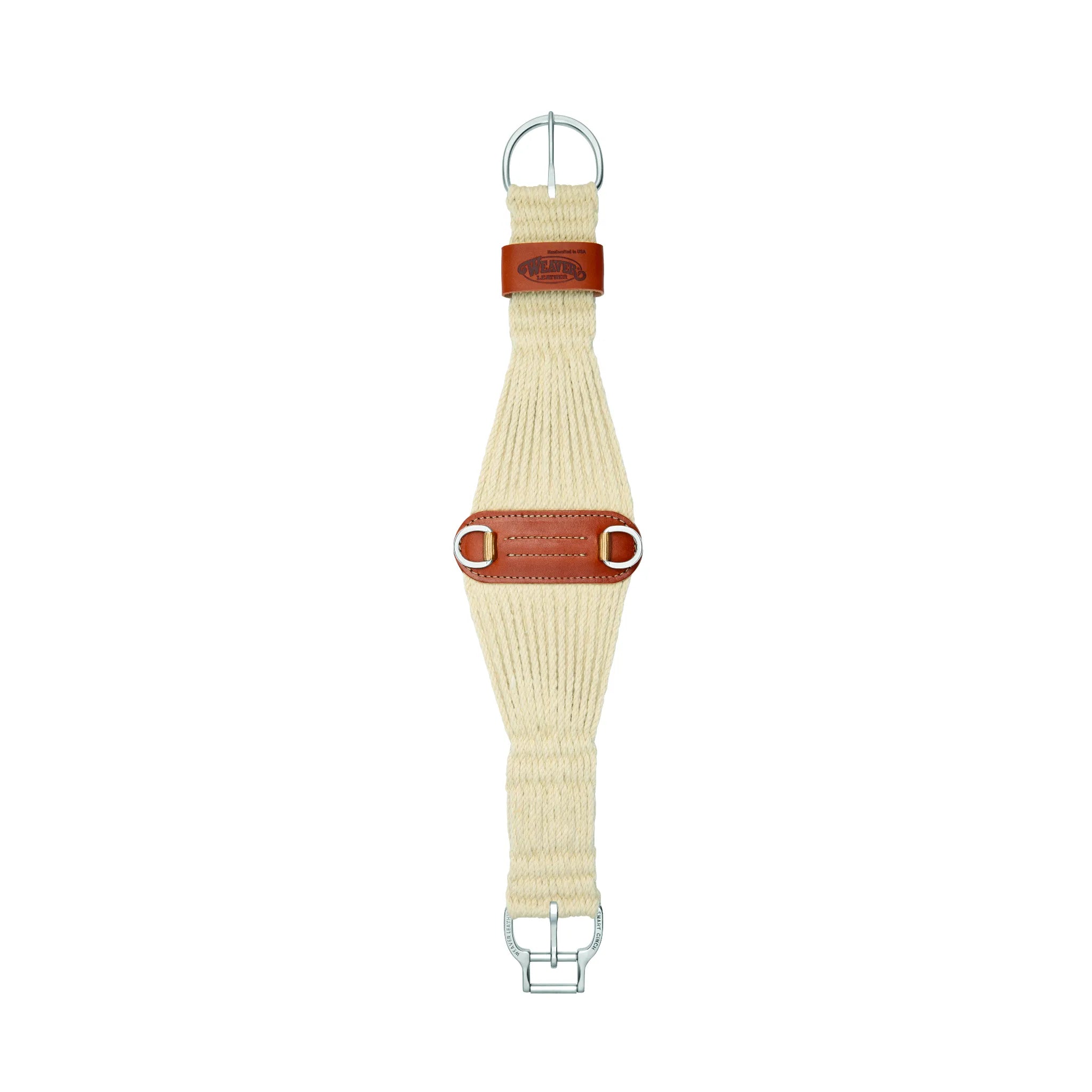 Weaver Leather Smart Cinch in a natural cream cord material, featuring rich brown leather accents and stainless steel hardware. This horse cinch includes the patented Smart Cinch roller buckle for effortless cinching and a reinforced leather center plate with D-rings for easy breast collar attachment. Durable and comfortable, this equestrian saddle girth is designed for horse safety and performance during western riding and trail adventures. High-quality Weaver Leather craftsmanship.