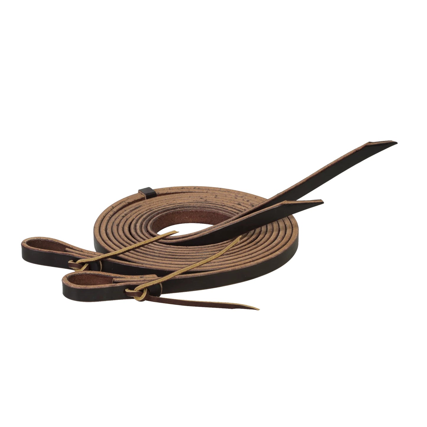 Weaver Leather Split Reins in 7ft Dark Oil. These premium Western reins feature high-quality, heavy-weight leather with bit tie-on ends and tapered tails. Perfect for Western riding, these durable dark brown leather reins offer a supple feel and classic look. Ideal for horse owners seeking professional-grade equestrian tack and gear for trail or arena work.