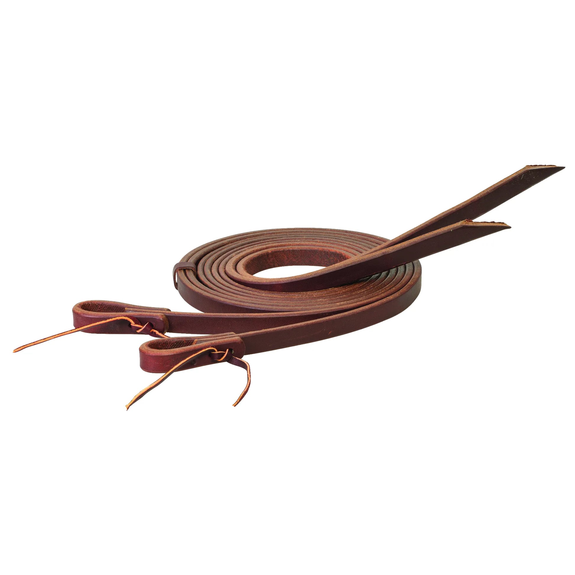 Weaver Leather Split Reins in Golden Chestnut extra heavy harness leather, coiled for display. These durable western reins feature bit ends with traditional latigo leather ties for a secure bit attachment. Designed for a substantial feel and long-lasting performance, these heavy-duty reins are ideal for training, ranch work, or western pleasure. A must-have piece of high-quality horse tack for riders who value strength and classic style.