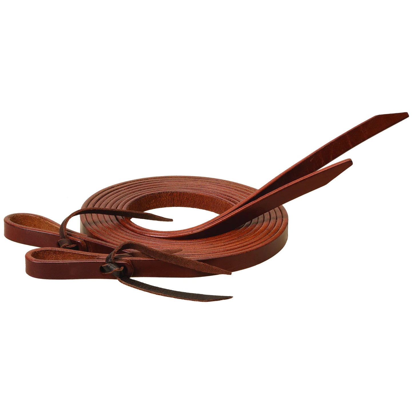 Weaver Leather Split Reins crafted from premium oiled leather in a rich chestnut brown. These professional-grade horse reins feature traditional bit loops with secure leather tie strings, perfect for Western riding and equestrian training. Coiled to show their supple texture and high-quality finish, they are a durable addition to any horse tack collection.