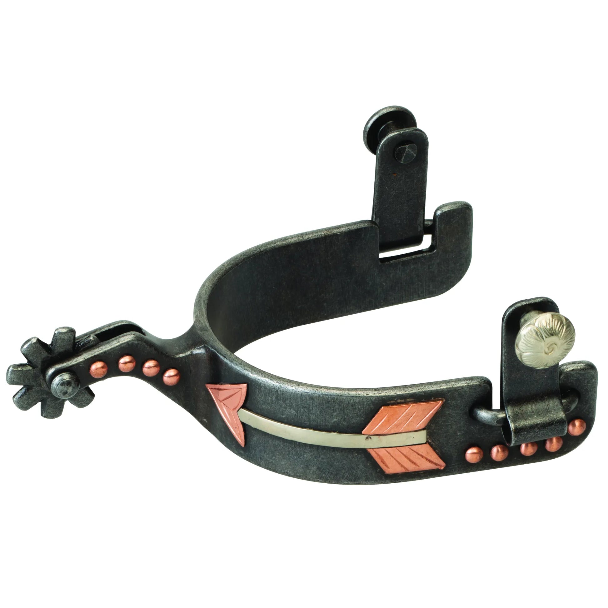 Weaver Leather Mens Black Arrow Spurs for Western riding. These handcrafted black steel cowboy spurs feature a striking copper and silver arrow motif along the band, accented with copper dots. Complete with a rotating rowel and decorative swinging buttons, these durable men's equestrian spurs blend functional performance with classic Western style. Ideal for rodeo, training, or everyday ranch work.