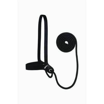 Weaver Leather Stacy Westfall Catch Halter in black (35-7953-BK), featuring a durable nylon design with a large loop headstall and an integrated, long coiled lead rope. Designed for easy horse catching and training, this professional equestrian tool includes a signature leather Weaver logo accent. Ideal for groundwork and pasture management, offering a convenient all-in-one solution for horse owners and trainers.