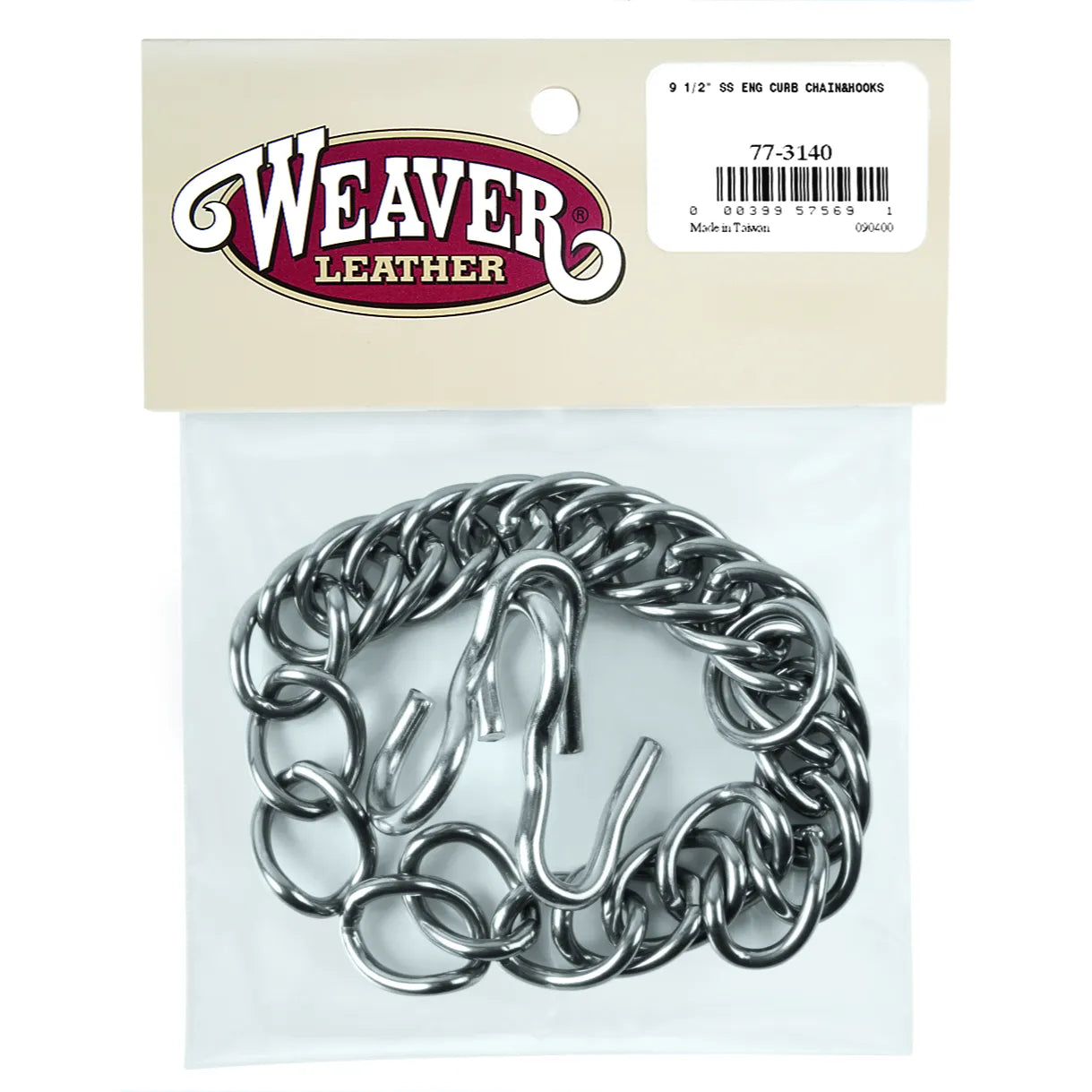 Weaver Leather 9.5" Stainless Steel English Curb Chain with Hooks, a high-quality silver equestrian accessory for English bridles. Featuring durable, rust-resistant flat links and two matching S-hooks for secure attachment. This essential horse tack comes in its original retail packaging, making it a reliable choice for riders and trainers seeking precision-engineered curb hardware for training and competition.
