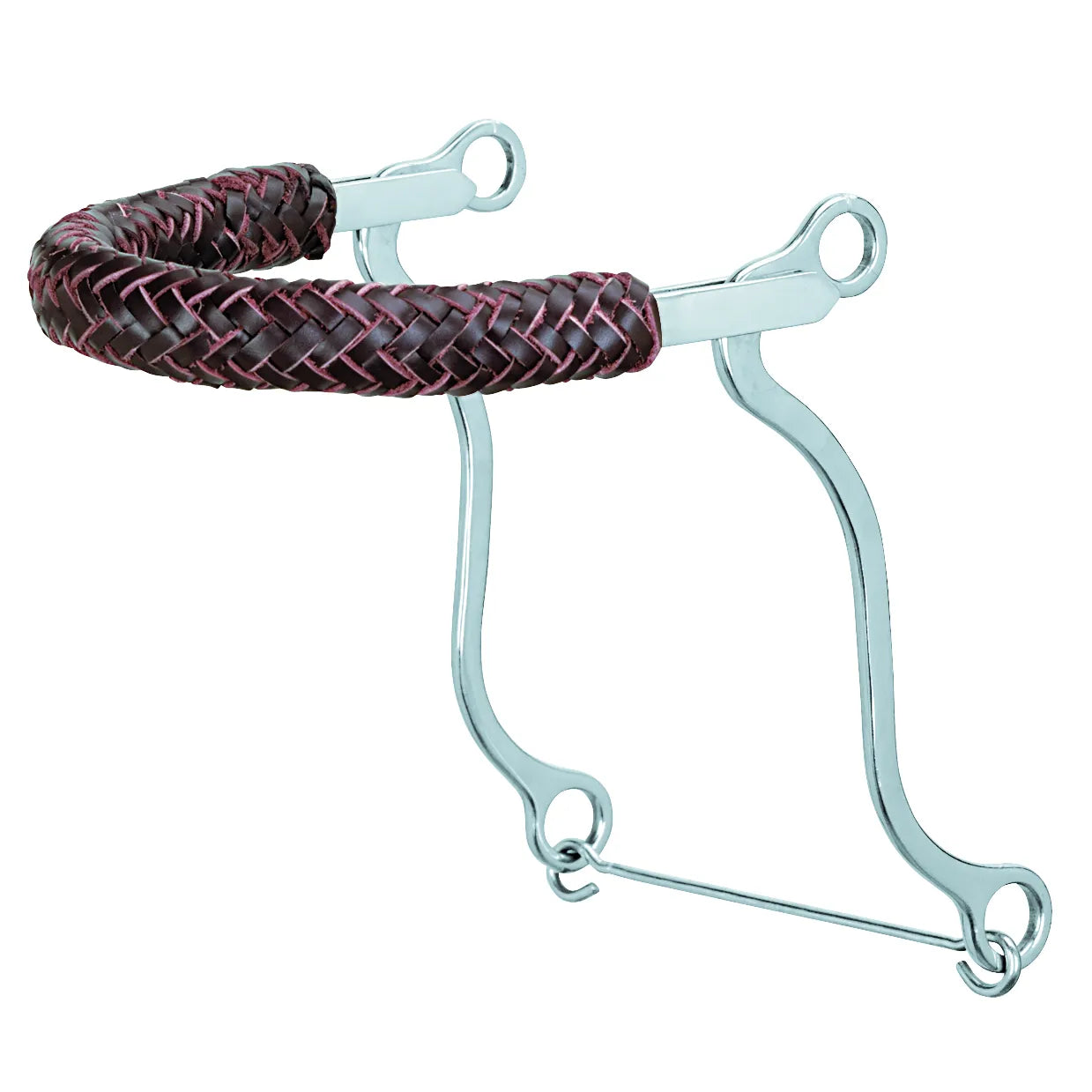 Weaver Leather Stainless Steel Hackamore featuring a premium dark brown braided leather noseband. This bitless horse bridle provides effective leverage with sleek, curved stainless steel shanks and a wide, comfortable nose piece. Ideal for Western performance, training, or bit-sensitive horses, this durable equestrian gear combines professional style and functional design for a polished look in the ring or on the trail.