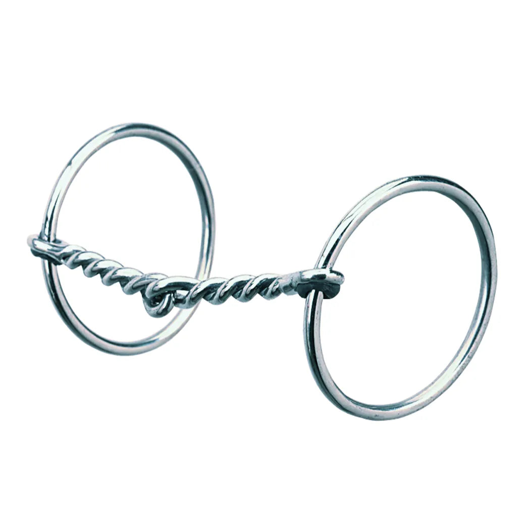 Weaver Leather Stainless Steel Ring Snaffle Bit with a 5" twisted wire mouthpiece. This high-quality equestrian bit features a classic loose ring design and a single-jointed, textured mouthpiece for enhanced control and communication. Durable, polished stainless steel horse tack perfect for training and daily riding. A must-have for your horse’s bridle collection.