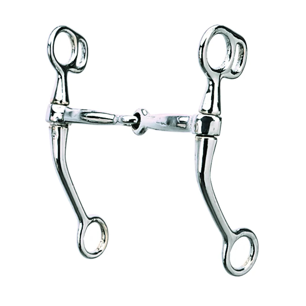 Weaver Leather Stainless Steel Tom Thumb Snaffle Bit featuring a 5" jointed mouth and 6.5" cheeks. This high-polish western horse bit offers mild leverage and clear communication for training and everyday riding. Durable, rust-resistant, and elegantly designed equestrian equipment perfect for any horse tack collection.