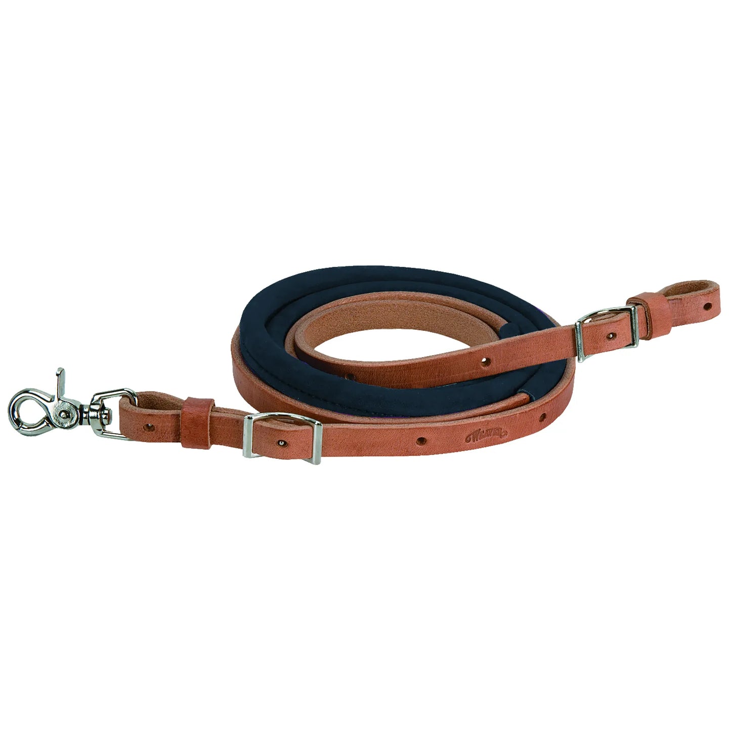 Weaver Leather Suede Covered Barrel Rein featuring rich brown leather and a non-slip navy suede grip for superior control. This professional-grade western horse tack includes durable silver hardware with a scissor snap and adjustable buckles. Perfect for barrel racing, gymkhana, and everyday western riding, these high-quality reins offer both style and performance for competitive riders.