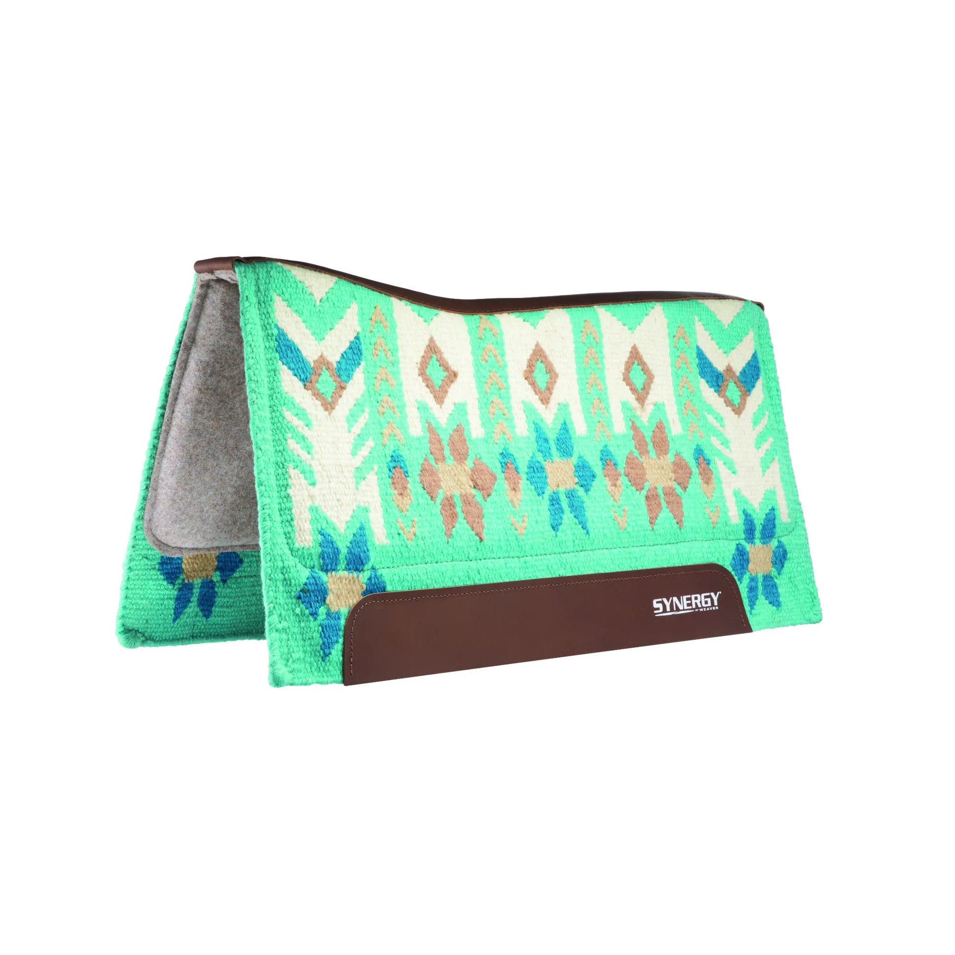 Weaver Leather Synergy Contoured Performance Saddle Pad in vibrant mint green with a southwestern geometric pattern. This 1" thick wool blend felt western saddle pad features a contoured spine for anatomical fit and durable brown leather wear leathers. Decorated with cream, tan, and blue accents, it's perfect for horse owners seeking style and shock-absorbing comfort. Measures 33" L x 38" W, ideal for performance and everyday western riding.