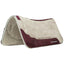 Synergy by Weaver Contoured Western Saddle Pad in grey and burgundy heathered wool felt. This high-performance horse pad features premium burgundy leather wear leathers and an ergonomic contoured spine designed for ultimate comfort and pressure relief. A durable, shock-absorbing choice for western riders, ranch work, or trail riding, ensuring a secure and anatomical fit under the saddle.