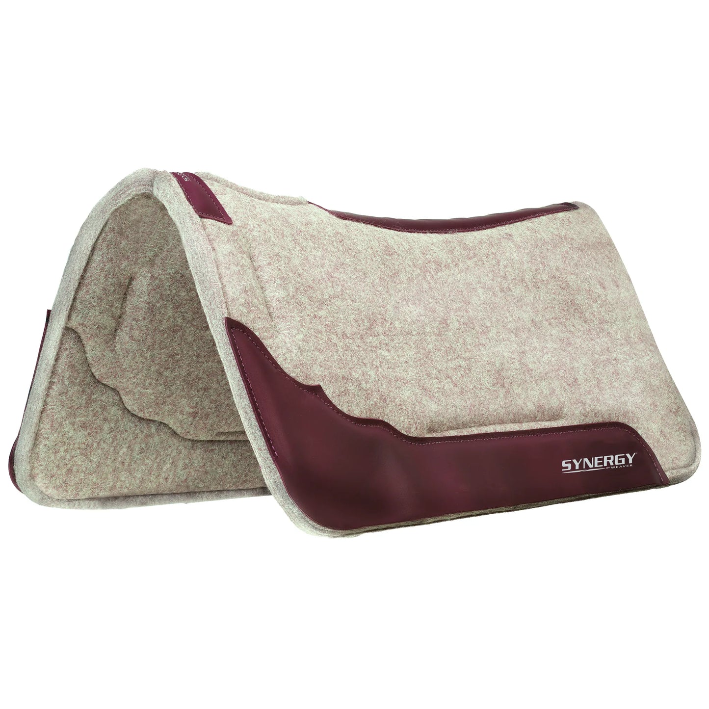 Synergy by Weaver Contoured Western Saddle Pad in grey and burgundy heathered wool felt. This high-performance horse pad features premium burgundy leather wear leathers and an ergonomic contoured spine designed for ultimate comfort and pressure relief. A durable, shock-absorbing choice for western riders, ranch work, or trail riding, ensuring a secure and anatomical fit under the saddle.