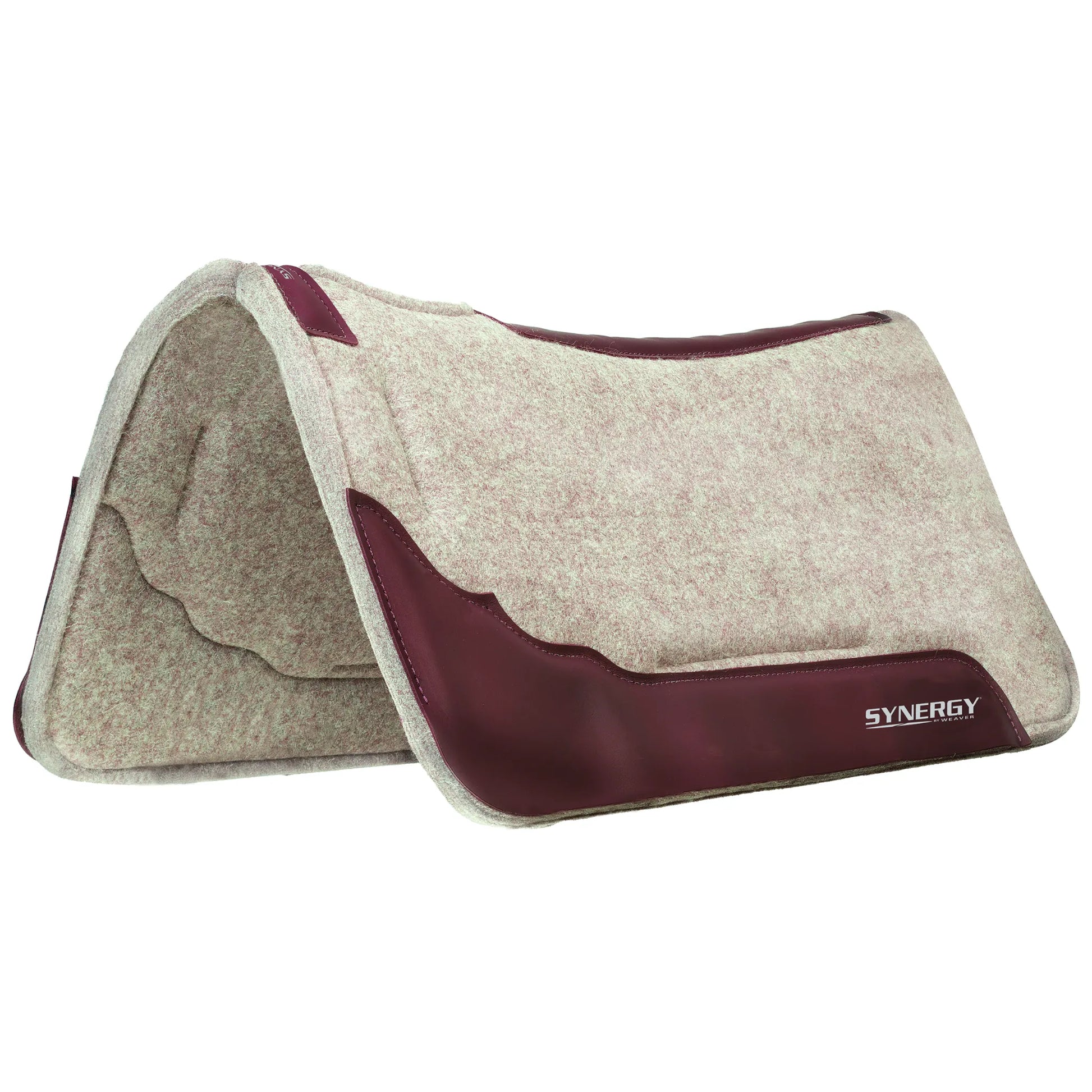Synergy by Weaver Contoured Western Saddle Pad in grey and burgundy heathered wool felt. This high-performance horse pad features premium burgundy leather wear leathers and an ergonomic contoured spine designed for ultimate comfort and pressure relief. A durable, shock-absorbing choice for western riders, ranch work, or trail riding, ensuring a secure and anatomical fit under the saddle.