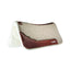 Weaver Leather Synergy Contoured Saddle Pad in beige felt with dark brown leather wear leathers and a plush white fleece lining. This Western saddle pad features an ergonomic contoured design for ultimate horse comfort, shock-absorbing materials, and moisture-wicking technology. Perfect for performance or trail riding, it combines durability with a sleek aesthetic for horse owners seeking high-quality equestrian gear.