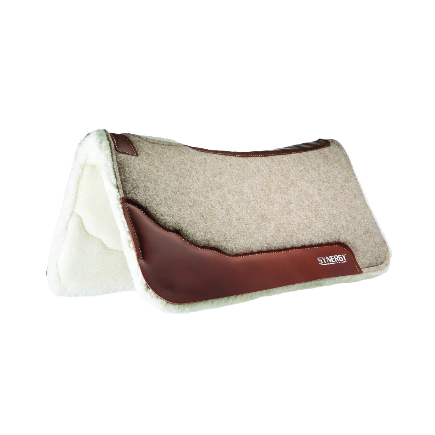 Weaver Leather Synergy Contoured Saddle Pad in beige felt with dark brown leather wear leathers and a plush white fleece lining. This Western saddle pad features an ergonomic contoured design for ultimate horse comfort, shock-absorbing materials, and moisture-wicking technology. Perfect for performance or trail riding, it combines durability with a sleek aesthetic for horse owners seeking high-quality equestrian gear.