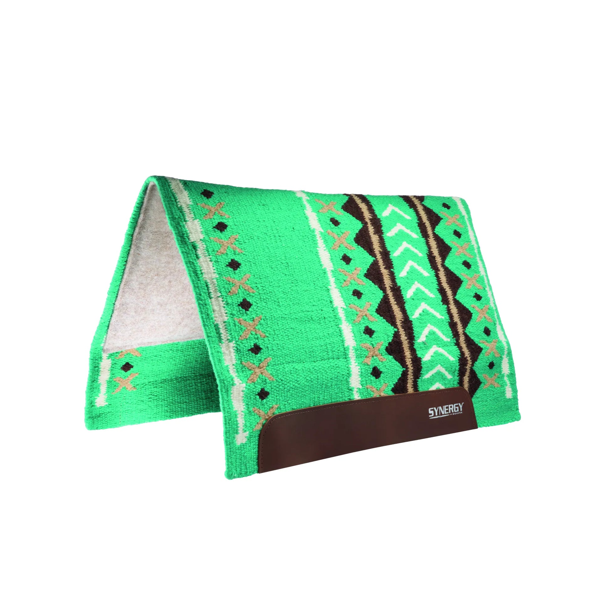 Weaver Leather Synergy Flex Contour Performance Saddle Pad featuring a vibrant mint green Southwestern print with brown and tan geometric accents. This high-performance western saddle pad includes a contoured spine for a perfect fit, shock-absorbing felt lining, and durable leather wear leathers with the Synergy logo. Ideal for western performance, ranch work, or trail riding horse tack.