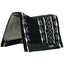 Weaver Leather Synergy Natural Fit Western Saddle Pad featuring a black, white, and charcoal hand-woven wool topper with a geometric southwestern pattern. This performance pad boasts a shock-absorbing natural wool felt lining and a contoured spine for an anatomical fit. Durable black leather wear leathers with the Synergy by Weaver logo ensure longevity and style. Ideal for maximizing horse comfort and performance during trail riding or western competition.
