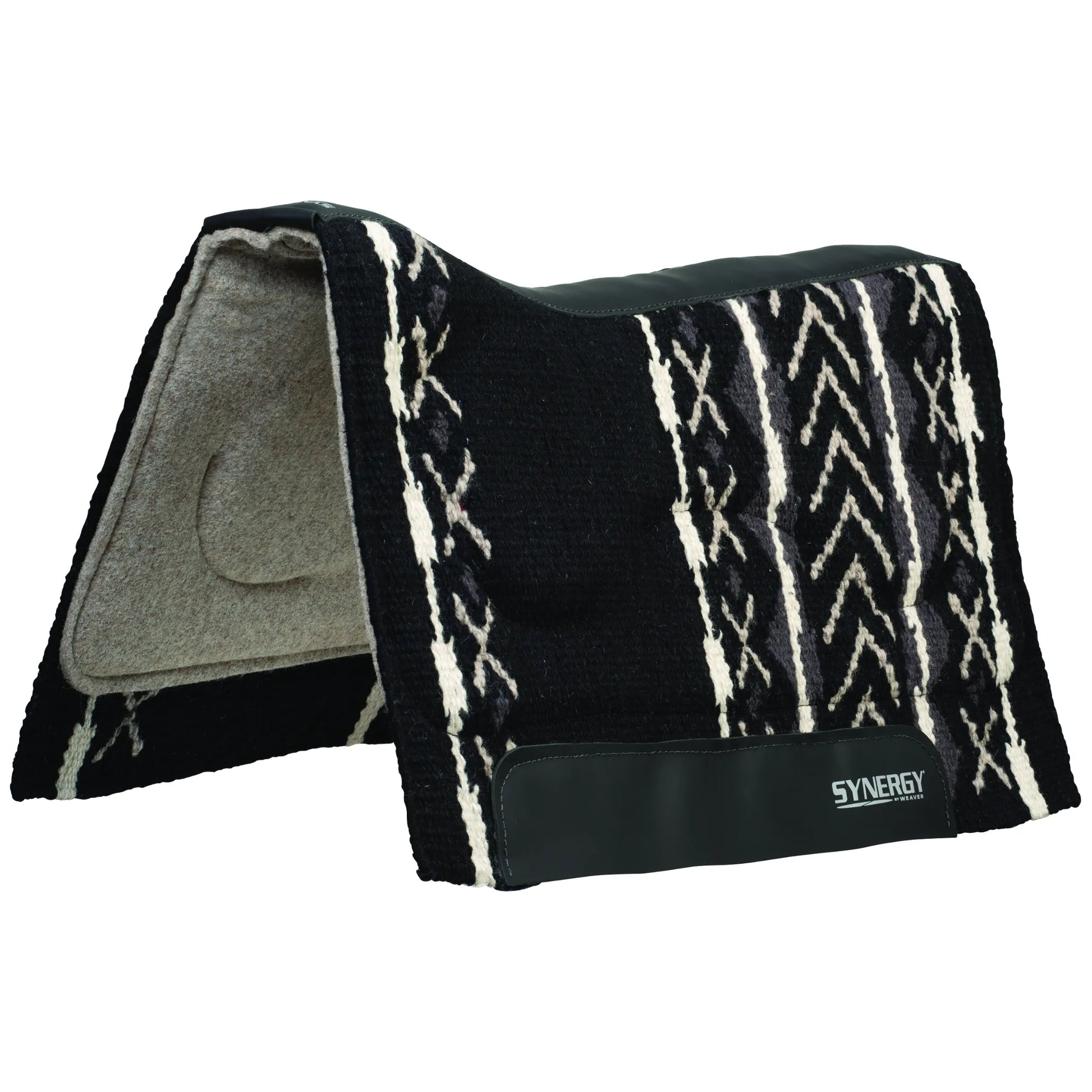 Weaver Leather Synergy Natural Fit Western Saddle Pad featuring a black, white, and charcoal hand-woven wool topper with a geometric southwestern pattern. This performance pad boasts a shock-absorbing natural wool felt lining and a contoured spine for an anatomical fit. Durable black leather wear leathers with the Synergy by Weaver logo ensure longevity and style. Ideal for maximizing horse comfort and performance during trail riding or western competition.