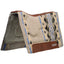 Weaver Leather Synergy Natural Fit Saddle Pad featuring a hand-woven wool top in tan with vibrant blue, black, and cream geometric patterns. This contoured western saddle pad includes premium brown leather reinforcements and a shock-absorbing felt liner for ultimate horse comfort and performance. Perfect for trail riding or competition, it offers a secure, natural fit designed to protect your horse's back.