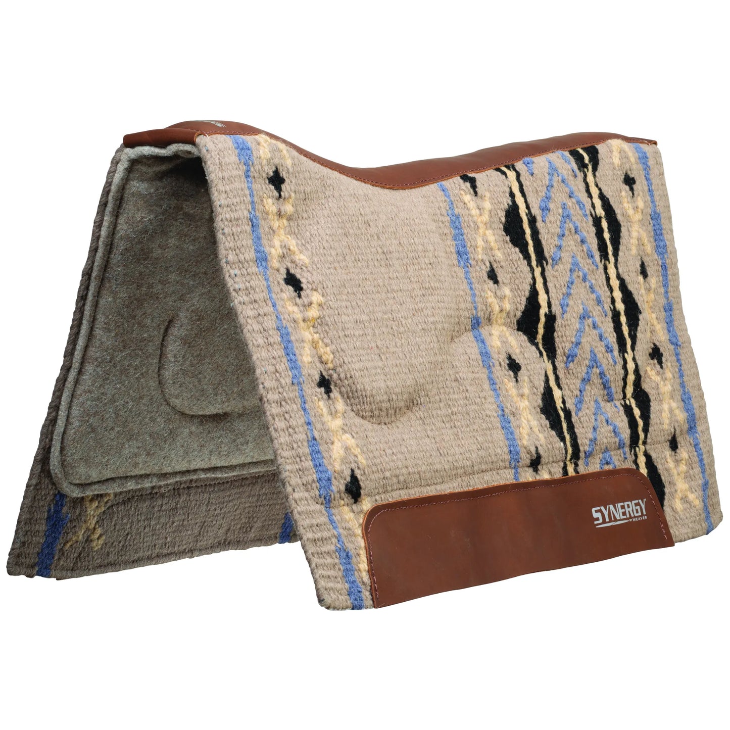 Weaver Leather Synergy Natural Fit Saddle Pad featuring a hand-woven wool top in tan with vibrant blue, black, and cream geometric patterns. This contoured western saddle pad includes premium brown leather reinforcements and a shock-absorbing felt liner for ultimate horse comfort and performance. Perfect for trail riding or competition, it offers a secure, natural fit designed to protect your horse's back.