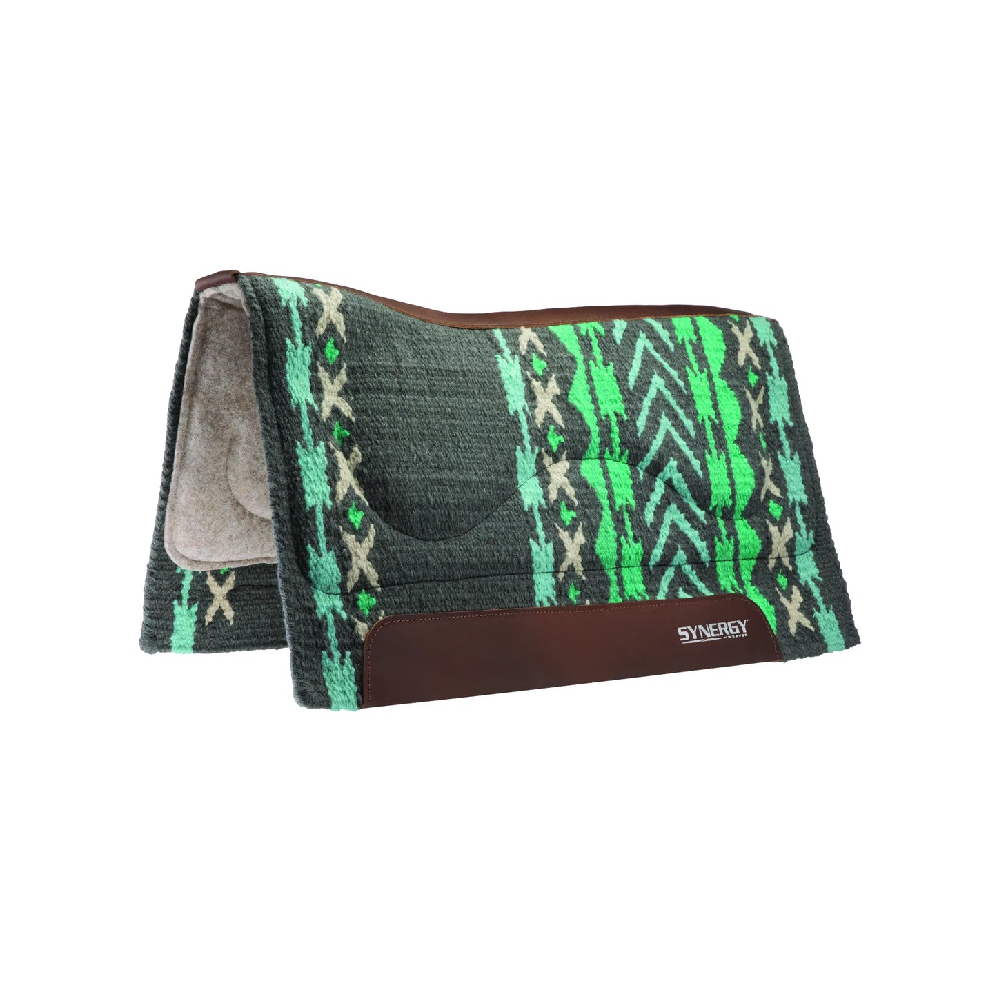 Weaver Leather Synergy Natural Fit Saddle Pad featuring charcoal grey wool with neon green and cream southwestern patterns. This contoured western saddle pad includes premium brown leather wear leathers and a moisture-wicking felt lining for horse comfort. High-performance shock-absorbing horse tack designed for a perfect fit and durability. Ideal for trail riding or competition, this stylish pad combines anatomical design with Synergy by Weaver quality.