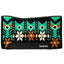Weaver Leather Synergy Contoured Western Saddle Pad featuring a vibrant turquoise, burnt orange, and cream Southwestern geometric and floral pattern on a black woven top. This high-performance horse saddle pad includes durable black wear leathers with the Synergy logo and a contoured spine designed for horse comfort and anatomical fit. Stylish and functional horse tack ideal for western riding, trail, or performance competition.