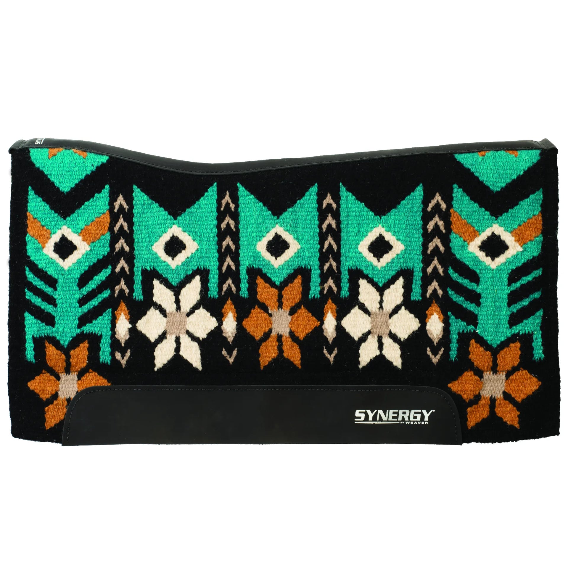 Weaver Leather Synergy Contoured Western Saddle Pad featuring a vibrant turquoise, burnt orange, and cream Southwestern geometric and floral pattern on a black woven top. This high-performance horse saddle pad includes durable black wear leathers with the Synergy logo and a contoured spine designed for horse comfort and anatomical fit. Stylish and functional horse tack ideal for western riding, trail, or performance competition.