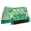 Weaver Leather Synergy Western Saddle Pad featuring a vibrant teal and turquoise southwestern geometric pattern. This contoured wool saddle pad includes dark brown leather wear leathers with the Synergy logo and a thick, plush cream fleece lining for ultimate horse comfort. Ideal for performance or trail riding, this stylish pad showcases intricate designs in blue, tan, and cream, offering a perfect blend of durability and classic western aesthetic.
