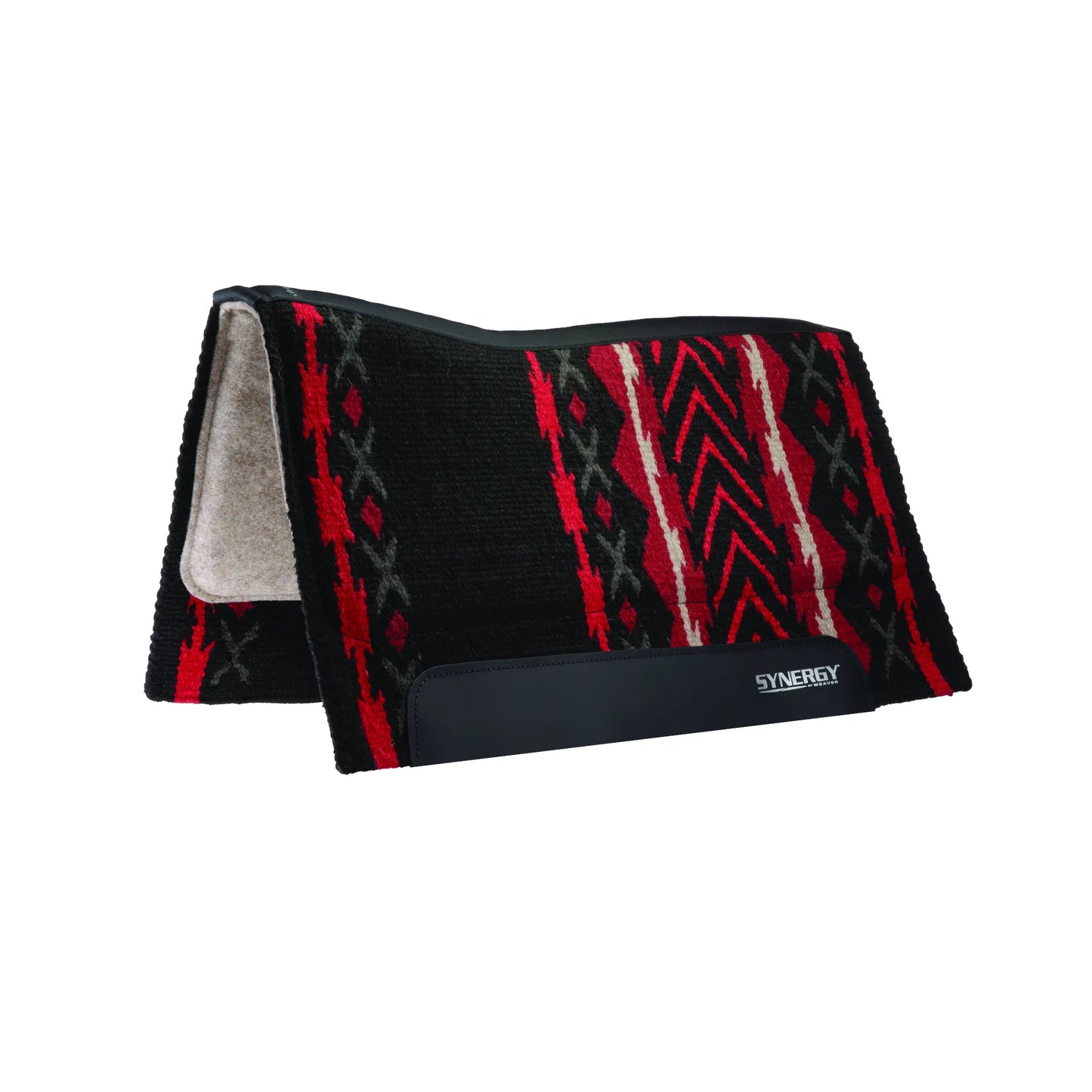 Weaver Leather Synergy Western saddle pad featuring a bold black, red, and gray Southwestern geometric pattern. This high-performance pad includes a contoured spine, black leather wear leathers, and a thick natural wool felt lining for maximum shock absorption and horse comfort. Perfect for Western riding and competition, the 'SYNERGY by Weaver' branding ensures quality and durability. Professional equestrian tack for peak performance.