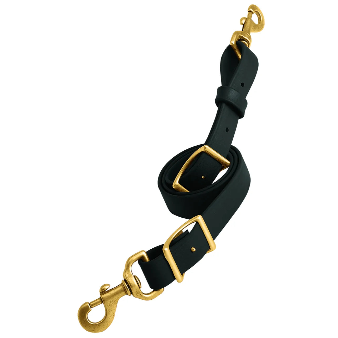 Durable Weaver Leather black synthetic tie down strap with classic brass swivel snaps and adjustable buckles. This weatherproof equestrian horse tack is designed for long-lasting performance and easy maintenance, making it an essential piece of training equipment for riders. Featuring a sleek black finish and antique gold-toned hardware, it's perfect for both western riding and daily barn use.