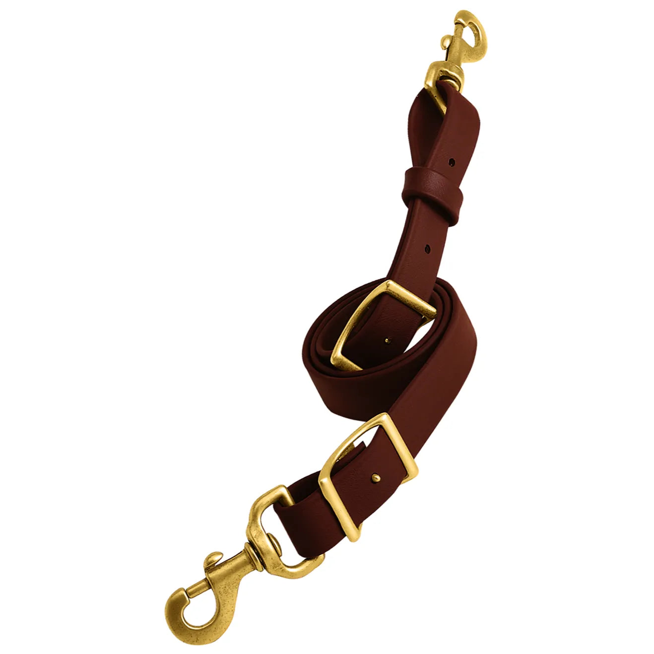 Weaver Leather Synthetic Tie Down Strap in rich mahogany brown. This durable, weatherproof horse tack features a premium leather-look synthetic material paired with solid brass bolt snaps and adjustable buckles. Ideal for equestrian training, this low-maintenance tie down combines traditional western style with modern performance. Perfect for riders looking for reliable, all-weather equestrian equipment.