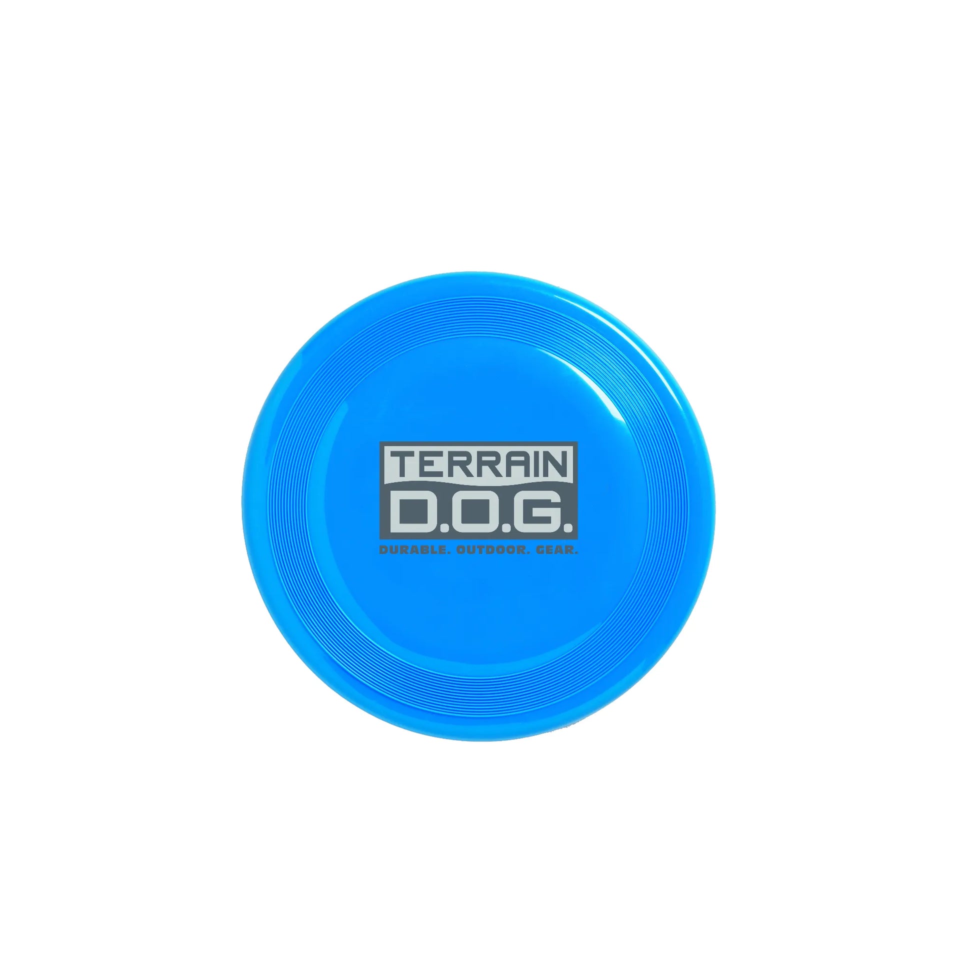 Bright blue Weaver Leather Terrain D.O.G. flying disc, a durable dog toy designed for outdoor play. This high-visibility blue frisbee features concentric ridges for easy grip and flight. Ideal for fetch and training, it prominently displays the Terrain D.O.G. logo: Durable Outdoor Gear. A perfect fetch toy for active dogs and park adventures.