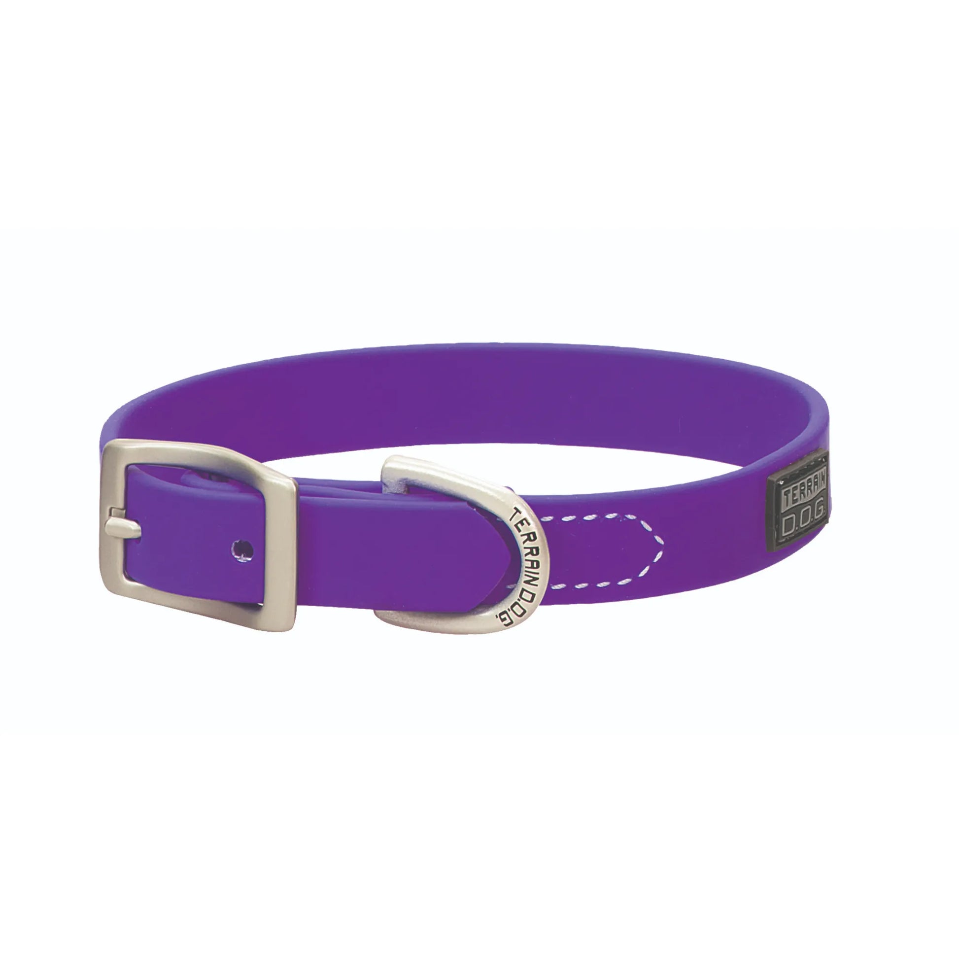 Weaver Leather Terrain D.O.G. Brahma Webb Dog Collar in vibrant purple. This durable, waterproof, and odor-resistant synthetic collar features a silver-tone buckle and an engraved D-ring. Ideal for active hunting dogs and outdoor adventures, the easy-clean material is accented with white contrast stitching and a black logo patch. Perfect for pet owners seeking stylish, heavy-duty gear for their dogs.