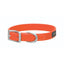 Bright orange Weaver Leather Terrain D.O.G. Brahma Webb dog collar featuring a durable, waterproof synthetic strap. This high-visibility outdoor collar includes a heavy-duty silver buckle, a branded silver D-ring for leash attachment, and white contrast stitching. Designed for rugged adventures, this easy-to-clean, stink-proof orange dog collar is perfect for active dogs, hunting, and hiking in any weather.