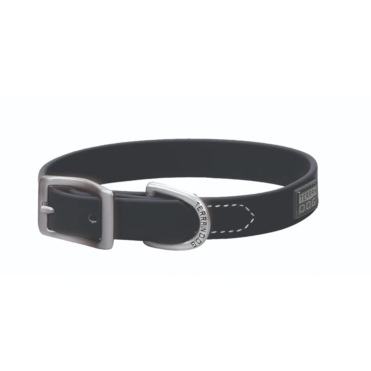 Weaver Leather Terrain D.O.G. Brahma Webb Dog Collar in sleek black. This durable, waterproof dog collar features high-performance synthetic webbing, a heavy-duty silver buckle, and an engraved D-ring. Designed for active lifestyles, it includes a branded rubber logo and classic white stitching. Perfect for hiking, hunting, and outdoor adventures, this rugged gear is easy to clean and built for any terrain.