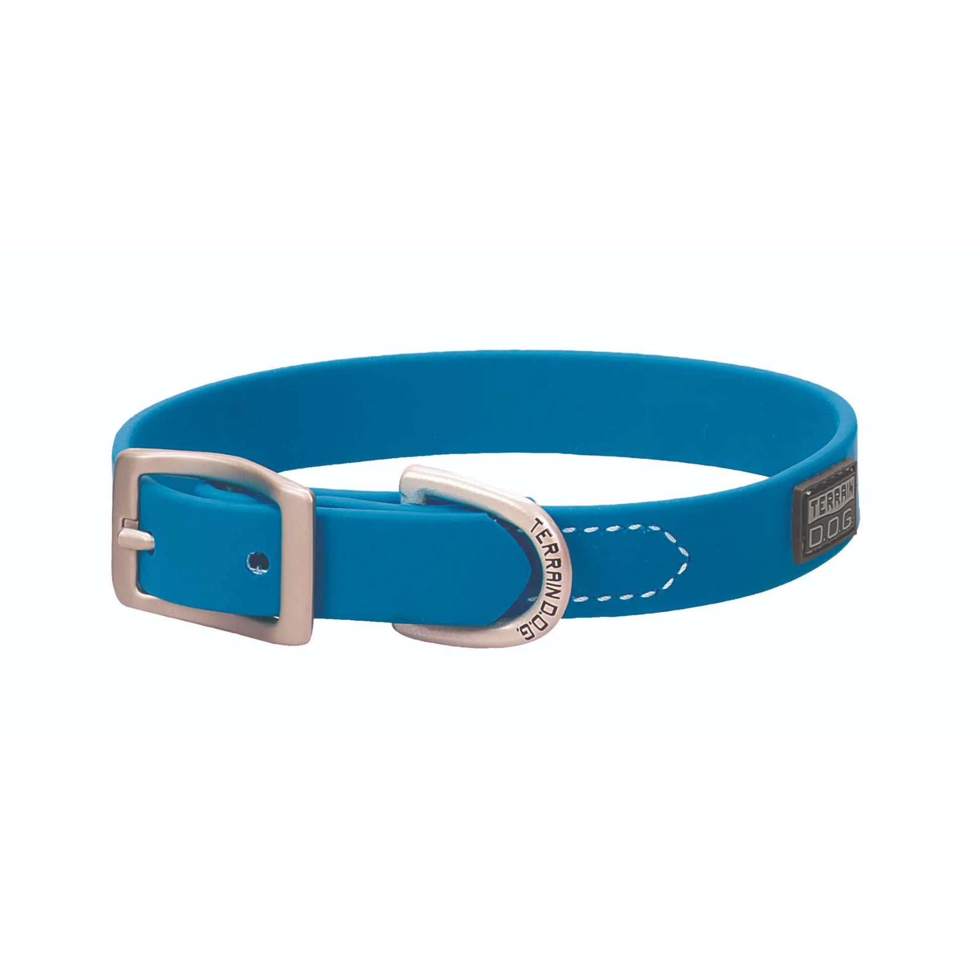 Vibrant blue Weaver Leather Terrain D.O.G. Brahma Webb dog collar made from durable, waterproof synthetic webbing. This high-performance dog collar features matte silver-toned hardware, a classic buckle, and a specialized D-ring engraved with "TERRAIN D.O.G." Stylish white contrast stitching and a black logo patch finish this rugged pet accessory, ideal for active dogs and outdoor hiking adventures.