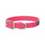 Vibrant neon pink Weaver Leather Terrain D.O.G. Brahma Webb Dog Collar, a waterproof and durable choice for active dogs. This weather-resistant collar features a matte silver buckle, white accent stitching, and a silver D-ring engraved with Terrain D.O.G. The flexible, easy-to-clean synthetic webbing and stylish black logo patch make it the perfect high-visibility accessory for outdoor adventures and everyday walks.