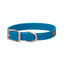 Blue Weaver Leather Terrain D.O.G. Brahma Webb dog collar featuring durable, waterproof blue synthetic webbing and matte silver hardware. This adjustable collar includes a sturdy buckle, a "TERRAIN D.O.G." engraved D-ring for leash attachment, and a black rubber brand patch. Ideal for active dogs and outdoor adventures, this easy-to-clean collar offers a sleek, modern look for any breed.